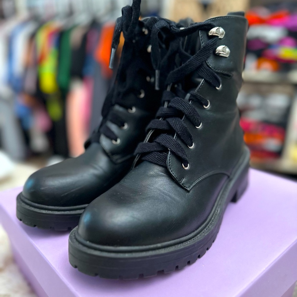 Madden Girl Alicee Black Combat Ankle Boots